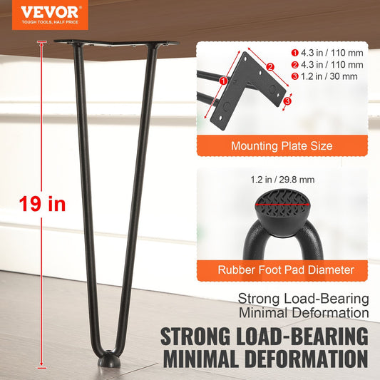 VEVOR Hairpin Furniture Legs, Metal Home DIY Projects For Nightstand, Coffee Table, Desk, 500lbs Load Capacity With Rubber Floor Protectors, Metal Heavy Duty Sturdy Modern Table Legs, 4PCS Black