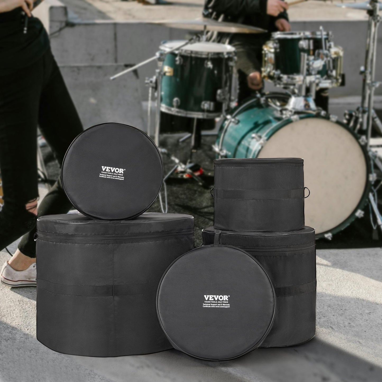 VEVOR 5-Piece Drum Bag Set, 1680D Oxford Fabric, Padded Drum Bags And Cases With 4.92 Ft Detachable Shoulder Strap Carry Handles Foldable Design, For 22'' Kick 12'' Tom 13'' Tom 16'' Tom 14'' Snare