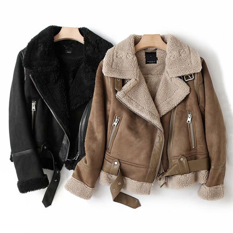 WInter Lapel Jacket Suede Lamb Wool Women Outwears