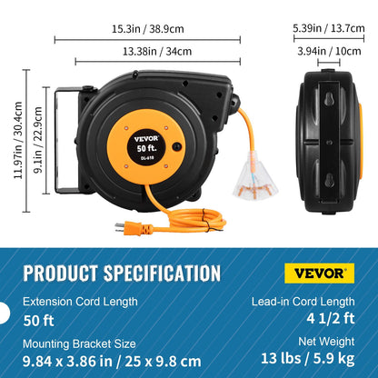 VEVOR 50ft Retractable Extension Cord Reel 14AWG 3CSJTOW Power Cord Reel
