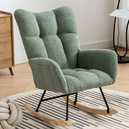 Rocking Chair With Pocket, Soft Teddy Fabric Rocking Chair For Nursery, Comfy Wingback Golider Rocking Chair With Safe Solid Wood Base For Living Room Bedroom Balcony Cannot Be Sold On Temu