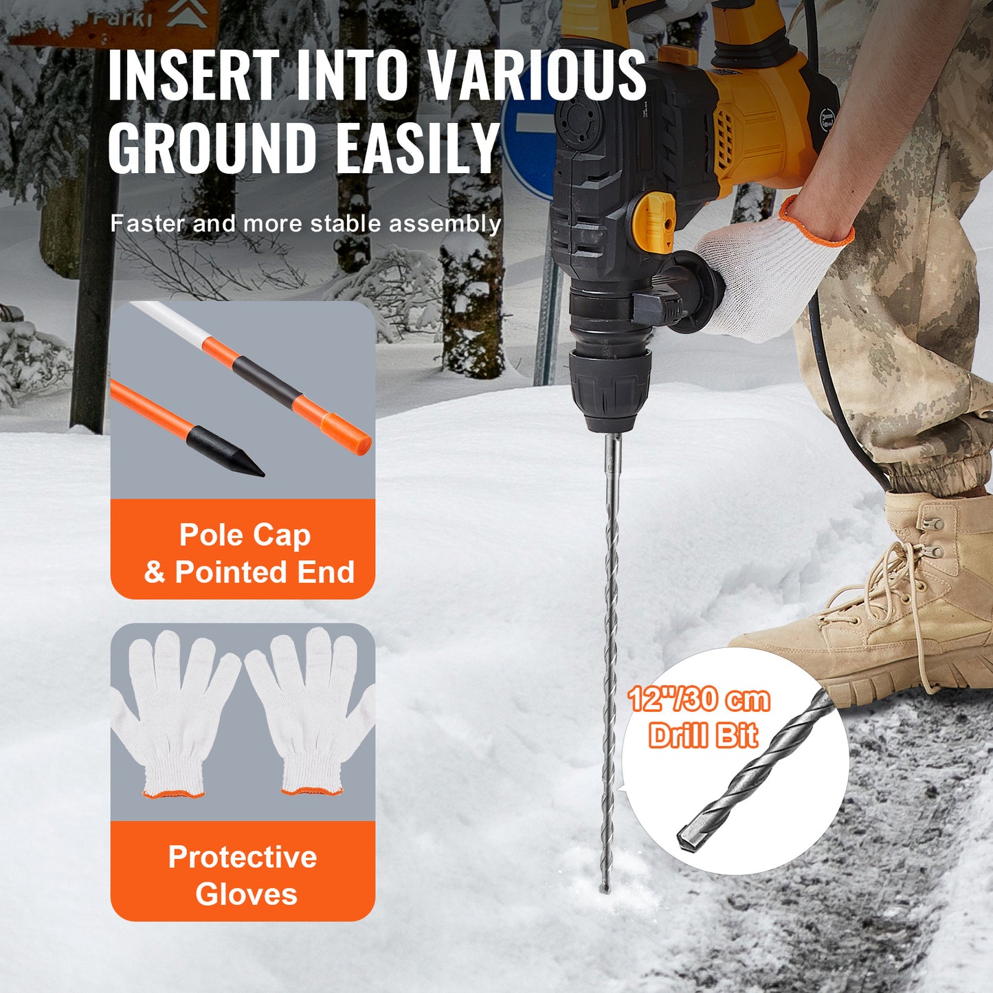 VEVOR Driveway Markers, 50 PCS 48 Inch, 0.4 Inch Diameter, Orange Fiberglass Poles Snow Stakes With Reflective Tape,  Steel Drill Bit & Protection Gloves For Parking Lots, Walkways Easy Visibility