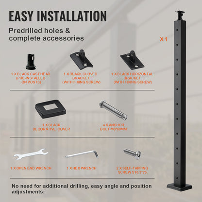 VEVOR Cable Railing Post Level Deck Stair Post   Cable Handrail Post Stainless Steel Brushed Finishing Deck Railing Pre-Drilled Pickets With Mounting Bracket Stair Railing Kit Black