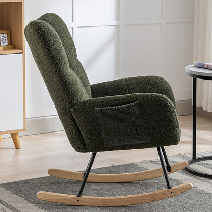 Rocking Chair With Pocket, Soft Teddy Fabric Rocking Chair For Nursery, Comfy Wingback Glider Rocker With Safe Solid Wood Base For Living Room Bedroom Balcony Cannot Be Sold On Temu