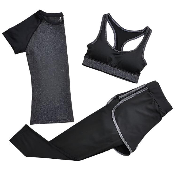 A set of yoga clothes consisting of a sports bra, a t-shirt, and leggings. The sports bra has gray straps and a black enter, the t-shirt is primarily gray with black sleeves, and the leggings are black with gray accents.