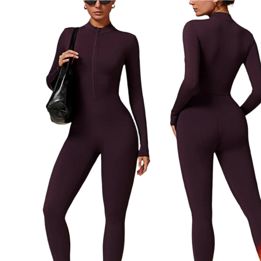 Women's Zipper Long-sleeved Jumpsuit - yoga fitness Bodysuit with Breathable Fabric
