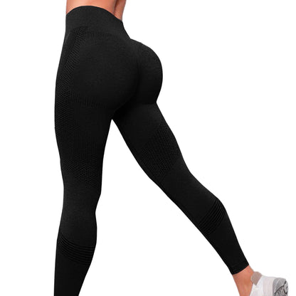 A pair of solid color yoga pants with a mesh design and stripe details on the side, modeled in different poses.