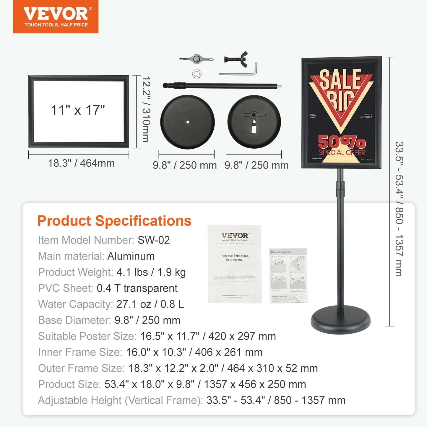 VEVOR Pedestal Sign Holder, 11 X 17 Inch Vertical And Horizontal Adjustable Poster Stand, Heavy-Duty Floor Standing Sign Holder With Round Base For Display, Advertisement, And Outdoor
