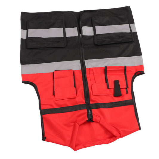 Reflective Vest Red and Black Blocking Round Neck Multiple Pocket Safety Work Vest for Construction Transportation