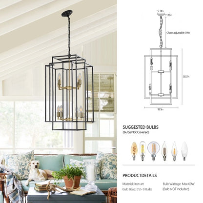 8 Lights Black & Gold Lantern Tiered Chandelier, Industrial Farmhouse Chandelier - No Bulbs Unavailable Platform- Temu