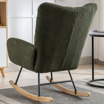Rocking Chair With Pocket, Soft Teddy Fabric Rocking Chair For Nursery, Comfy Wingback Glider Rocker With Safe Solid Wood Base For Living Room Bedroom Balcony Cannot Be Sold On Temu