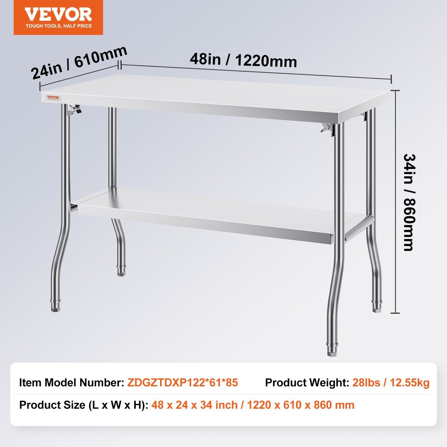 VEVOR Commercial Worktable Workstation 48 X 24 Inch Folding Commercial Prep Table, Heavy-duty Stainless Steel Folding Table With 300 Lbs Load, Kitchen Work Table, Silver Stainless Steel Kitchen Island