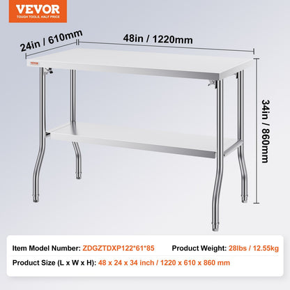 VEVOR Commercial Worktable Workstation 48 X 24 Inch Folding Commercial Prep Table, Heavy-duty Stainless Steel Folding Table With 300 Lbs Load, Kitchen Work Table, Silver Stainless Steel Kitchen Island