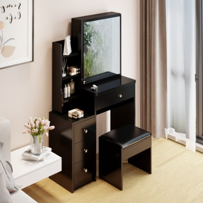 Cabinet Vanity Table  Cushioned Stool, Extra Large Right Sliding Mirror, Multi Layer High Capacity Storage, Practical Fashionable Dresser, Suitable For Small Space
