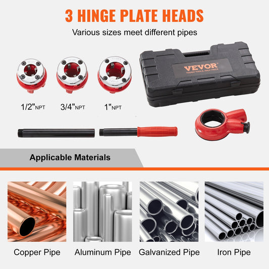 VEVOR  Pipe Threader Kit, Manual Pipe Threader, Portable Pipe Threading Tool Set With 3PCS NPT , Storage Case For Galvanized Aluminum Iron Copper Pipes