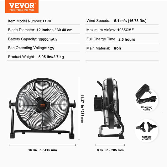VEVOR Cordless Fan 12 In, Portable Quiet Personal Fan For Home Or Office, 360 Degree Manual Pivoting Head, Stepless Speed Regulation High Velocity Cordless Fan, Heavy Duty Metal Industrial Floor Fans