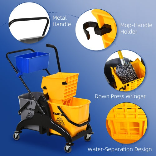 HOMECOM 6.9 Gallon Mop Bucket Swivel Arm Cart With Easy-to-use Side Pressure Swivel Arm Smooth Wheels And Mop Handle Bracket