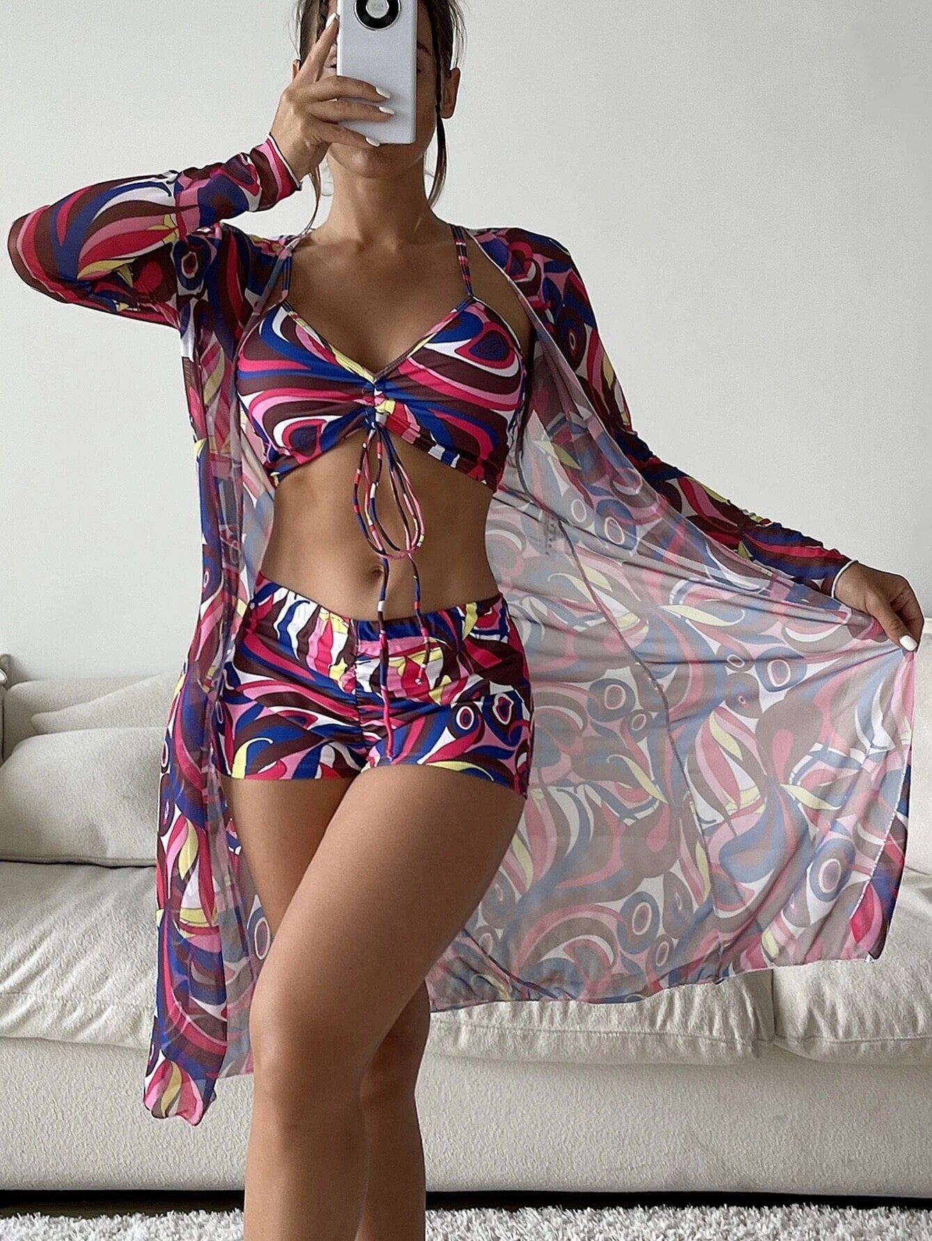 3pcs  Bikini With Long Sleeve Cardigan Fashion Summer Beach Swimsuit Women