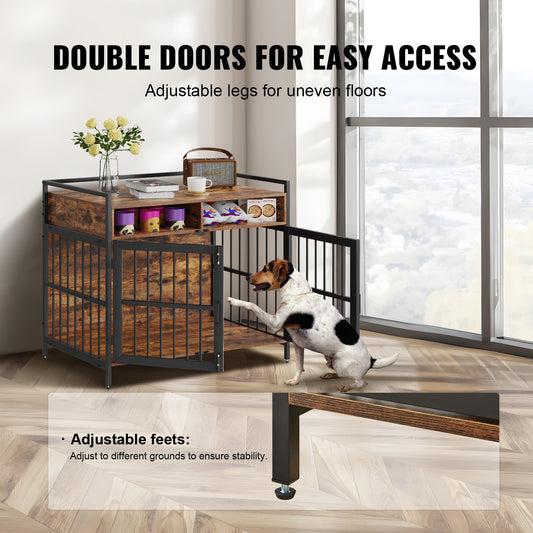 VEVOR Furniture Style Dog Crate With Storage, 41 Inch Dog Crate Furniture Large Breed With Double Doors, Wooden Dog Cage For Large Medium Dog Indoor, Hold Up To 70 Lbs, Rustic Brown