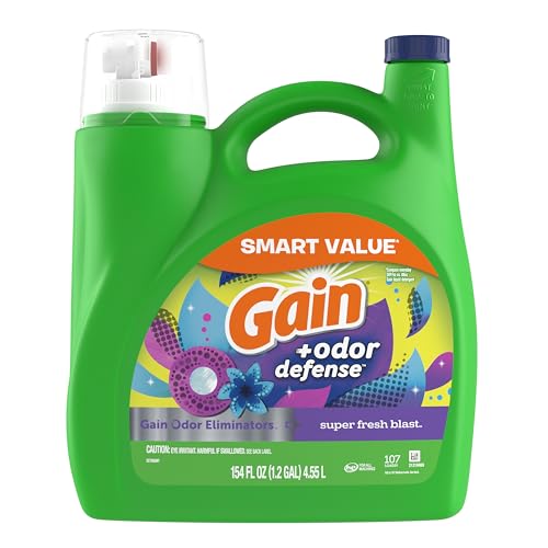 Gain + Odor Defense Liquid Laundry Detergent Super Fresh Blast Scent, HE Compatible, 107 Loads 154 fl oz, Gain Laundry Detergent, Liquid Laundry Detergent