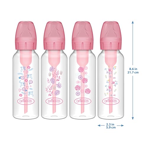 Dr. Brown's Natural Flow Anti-Colic Options+ Narrow Baby Bottle, Pink Floral, 8 oz/250 mL, with Level 1 Slow Flow Nipples, 0m+, 4 Pack