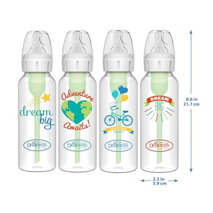 Dr. Brown's Natural Flow Anti-Colic Options+ Narrow Baby Bottle, Dream Adventure, 8 oz/250 mL, with Level 1 Slow Flow Nipple, 0m+, 4 Count (Pack of 1)