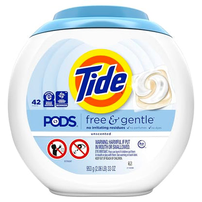 Tide PODS Free & Gentle, Laundry Detergent Liquid Pacs, Unscented and Hypoallergenic for Sensitive Skin, 42 Count - Packaging May Vary
