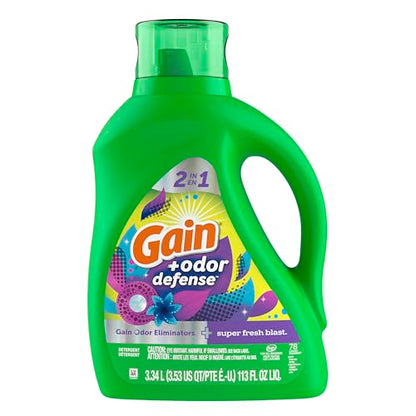 Gain + Odor Defense Liquid Laundry Detergent, Super Fresh Blast Scent, 113 Oz, 78 Loads, HE Compatible