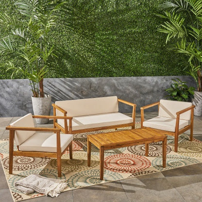 Outdoor 4-Seater Acacia Wood Chat Set With Coffee Table With Cushions, Teak And Beige