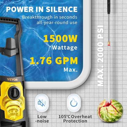 VEVOR Electric Pressure Washer, 2000 PSI, Max. 1.76 GPM Power Washer W 30 Ft Hose, 5 Quick Connect Nozzles, Foam Cannon, Portable To Clean Patios, Cars, Fences, Driveways, ETL Listed