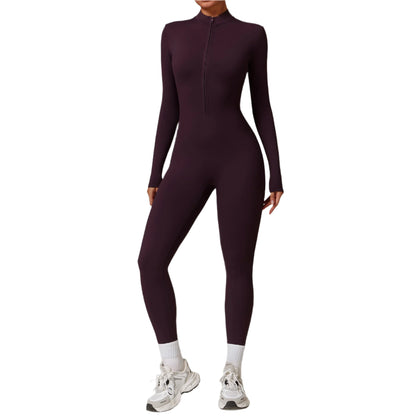 Women's Zipper Long-sleeved Jumpsuit - yoga fitness Bodysuit with Breathable Fabric