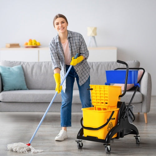 HOMECOM 6.9 Gallon Mop Bucket Swivel Arm Cart With Easy-to-use Side Pressure Swivel Arm Smooth Wheels And Mop Handle Bracket