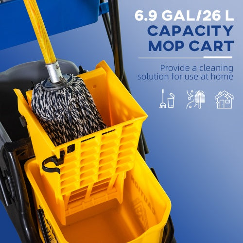 HOMECOM 6.9 Gallon Mop Bucket Swivel Arm Cart With Easy-to-use Side Pressure Swivel Arm Smooth Wheels And Mop Handle Bracket