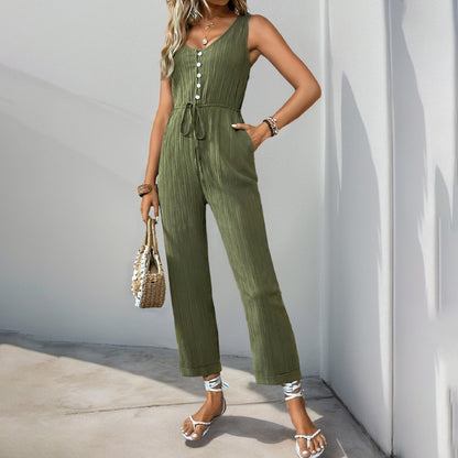 Sleeveless Summer Jumpsuit With Belt And Pockets