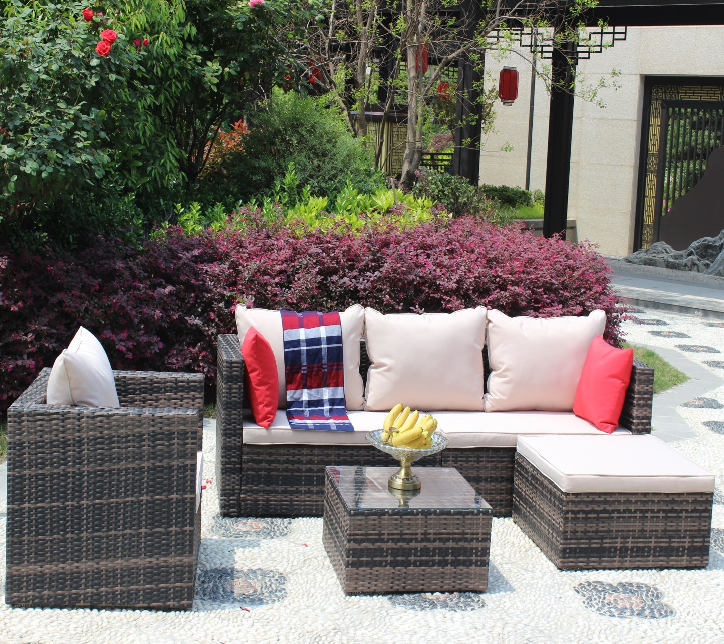Rattan Patio Furniture Set Wicker Sofa Cushioned Sectional, 4 Pc Garden Set