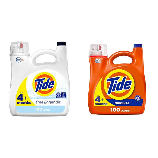 Tide Free & Gentle Liquid Laundry Detergent, 100 loads, 4.31L, HE Compatible & Liquid Laundry Detergent, Original, 100 loads, 146 fl oz, HE Compatible