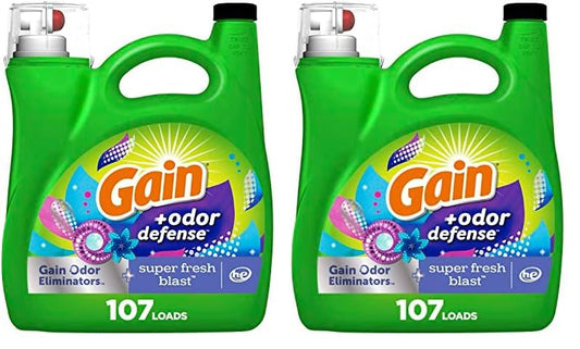 Gain + Odor Defense Liquid Laundry Detergent Super Fresh Blast Scent 154 fl oz 107 Loads HE Compatible (Pack of 2)