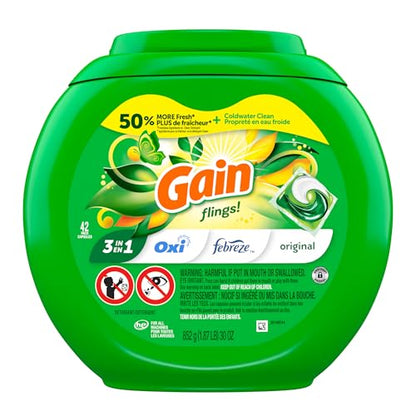 Gain Flings Laundry Detergent Pacs, Original Scent, 3 in 1 HE Detergent Pacs with Oxi Boost and Febreeze, 42 Count