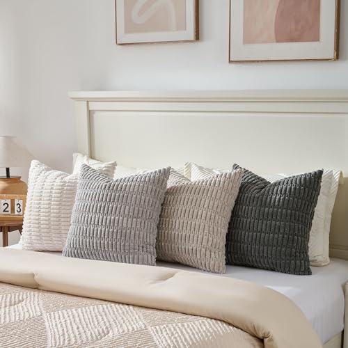 Fancy Homi Set of 4 Grey and White Decorative Throw Pillow Covers 18x18 Inch for Couch Bed Chair, Modern Farmhouse Boho Room Decor, Soft Fuzzy Double Sided Corduroy Textured Striped Cushion Case 45cm