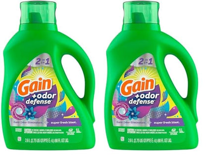 Gain + Odor Defense Liquid Laundry Detergent, Super Fresh Blast Scent, 88 Oz, 61 Loads, HE Compatible (Pack of 2)