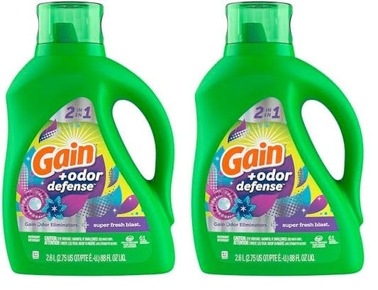 Gain + Odor Defense Liquid Laundry Detergent, Super Fresh Blast Scent, 88 Oz, 61 Loads, HE Compatible (Pack of 2)