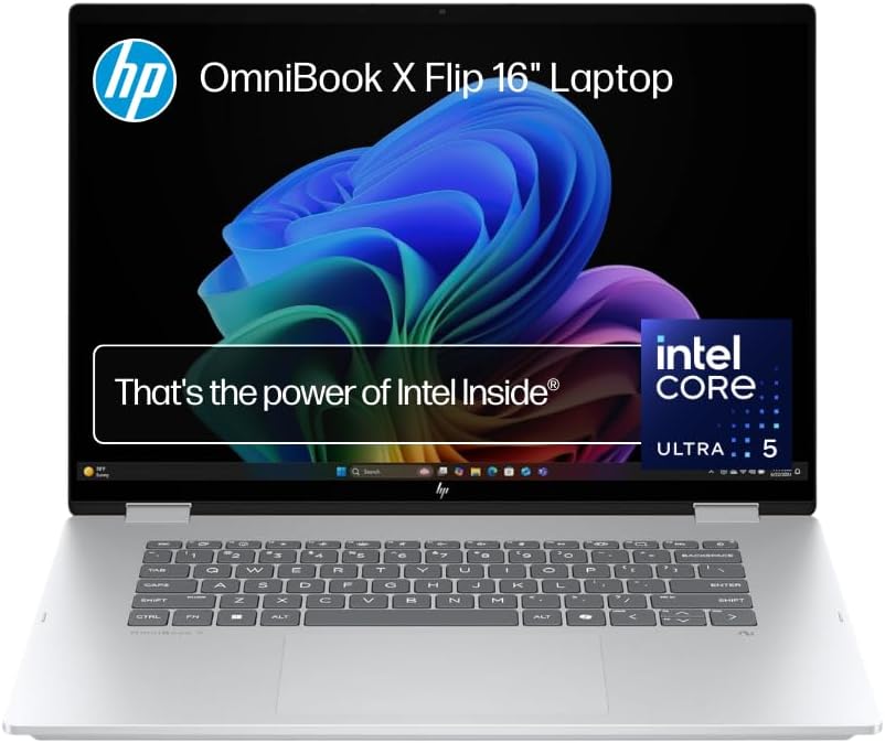 HP OmniBook X Flip Next Gen AI Laptop, 16'' 2K Touch Display, Built-in AI, Intel Core Ultra 5 226V Processor, 16GB RAM, 512GB SSD, Intel Graphics, Windows 11 Home, Convertible, Silver, BD5R0PA