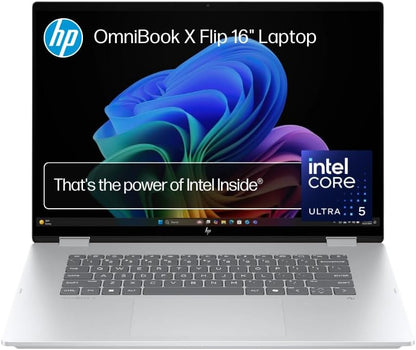 HP OmniBook X Flip Next Gen AI Laptop, 16'' 2K Touch Display, Built-in AI, Intel Core Ultra 5 226V Processor, 16GB RAM, 512GB SSD, Intel Graphics, Windows 11 Home, Convertible, Silver, BD5R0PA