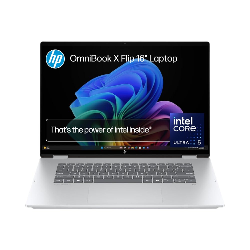 HP OmniBook X Flip AI Laptop, 16'' 3K OLED Touch Display, Built-in AI, Intel Core Ultra 7 258V Processor, 32GB RAM, 1TB SSD, Intel Graphics, Windows 11 Home, Convertible, Silver, BD5Q7PA
