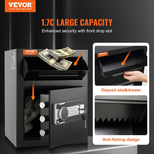 VEVOR 1.7 Cub Depository Safe, Deposit Safe With Drop Slot, Electronic Code Lock And 2 Emergency Keys, 17.71'' X 13.77'' X 13.77'' Business Drop Slot Safe For Cash, Mail In Home, Hotel, Office