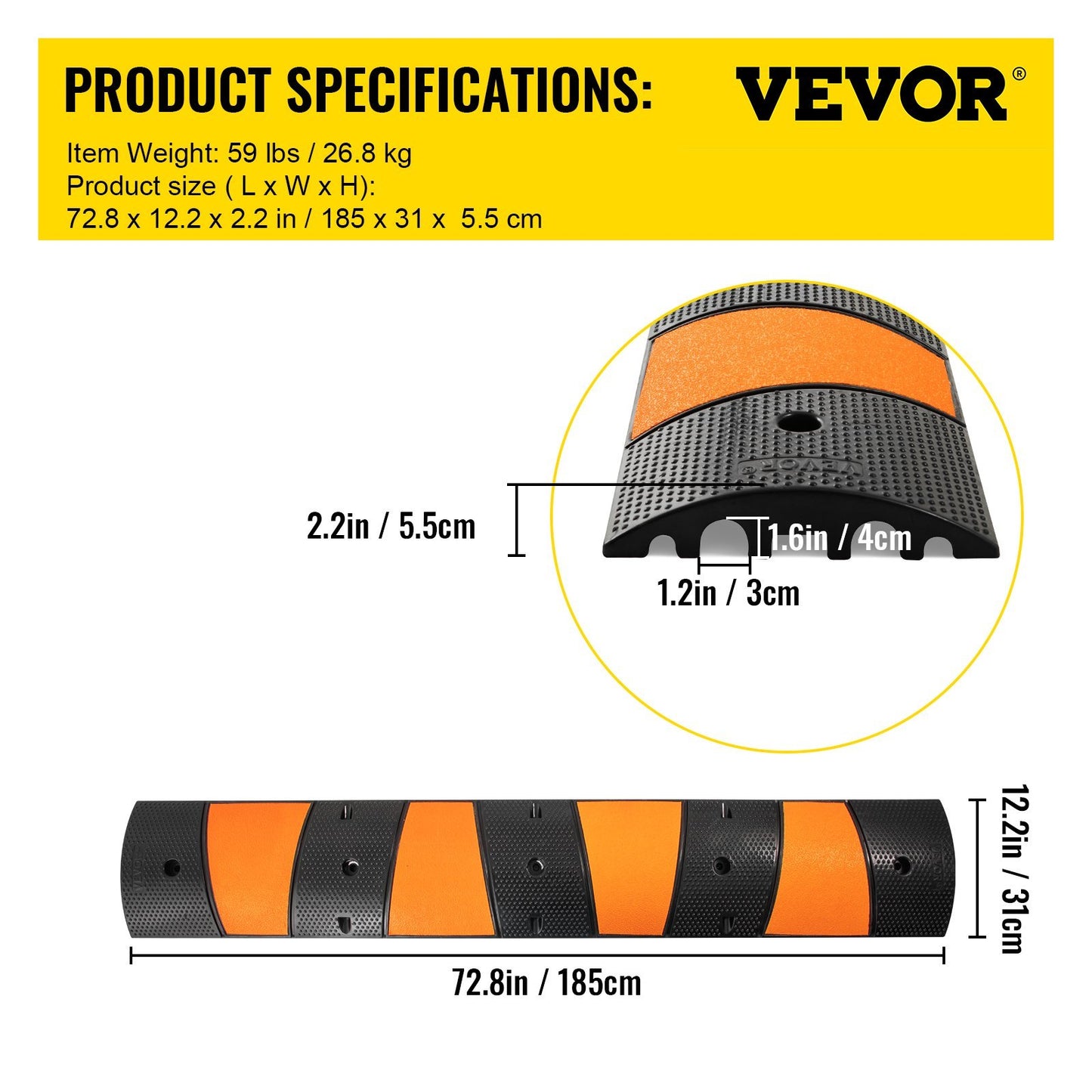 VEVOR Rubber Speed Bump, 2 Pack 2 Channel Speed Bump Hump, Long Modular Speed Bump Rated 22000 LBS Load Capacity, 72.8 X 12.2 X 2.2 Garage Speed Bump For Asphalt Concrete Gravel Driveway-6 FT
