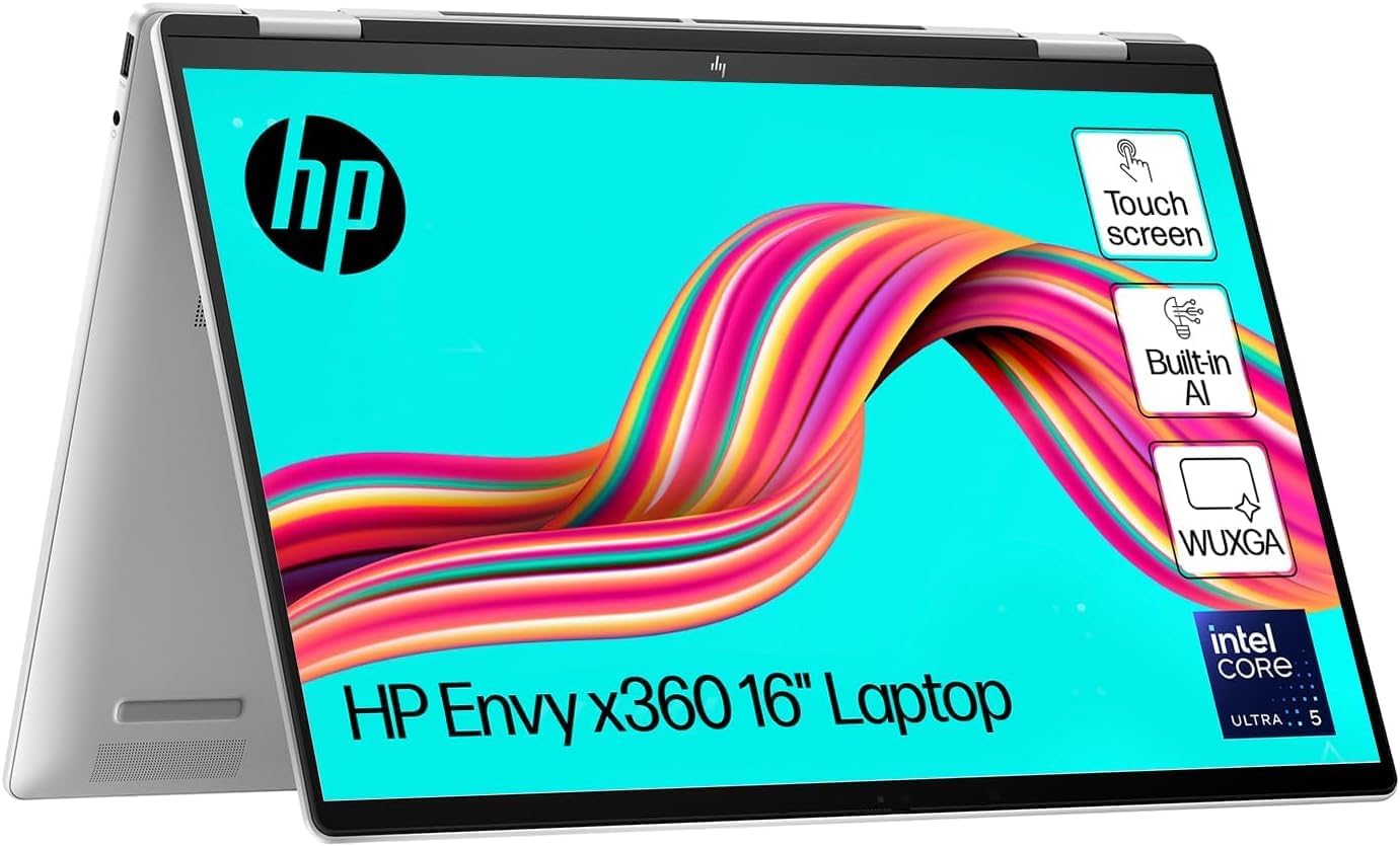HP Envy x360 2-in-1 Laptop 16', 2K Touch Display, Intel Core Ultra 5 125U Processor, 16GB RAM, 512GB SSD, Intel Graphics, Built-in AI, Windows 11, Convertible, Long Battery Life, Silver, 9V362PA
