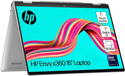HP Envy x360 2-in-1 Laptop 16', 2K Touch Display, Intel Core Ultra 5 125U Processor, 16GB RAM, 512GB SSD, Intel Graphics, Built-in AI, Windows 11, Convertible, Long Battery Life, Silver, 9V362PA