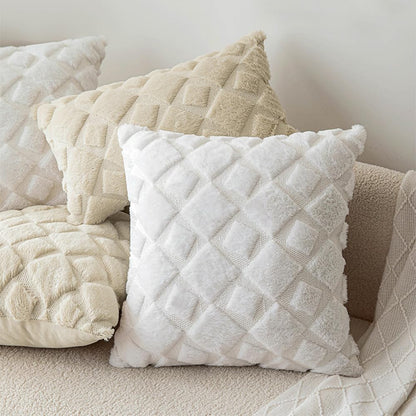 CJWLKJ 2Pcs Soft Faux Fur Throw Pillow Covers 18x18 - Plush Short Wool Velvet Decorative Pillow Covers - Couch Sofa Pillow Covers for Living Room - with 3D Plaid Pattern (White)