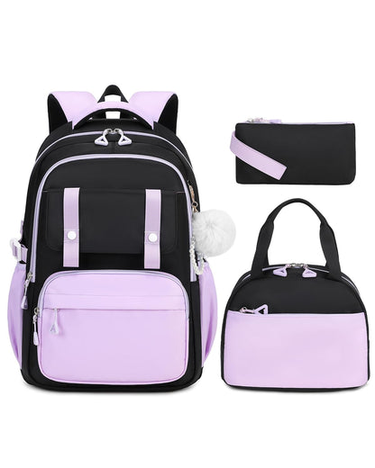Amythe Girls' School Backpack Set, Cute Kids Backpack, Casual School Bag for Elementary Middle School Girls, Bookbag Set with Lunch Bag and Pencil Case,Purple